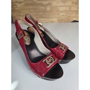 Michael Kors Red Patent Leather Platform Wedge Sandals Gold MK Logo Studded 8.5M
